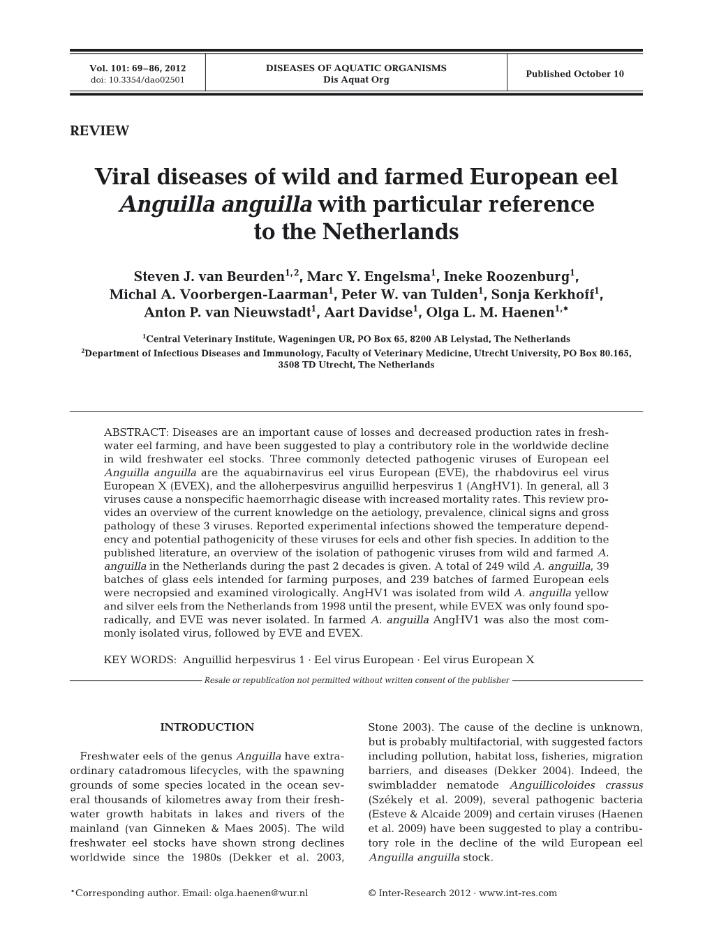 Viral Diseases of Wild and Farmed European Eel Anguilla Anguilla with Particular Reference to the Netherlands