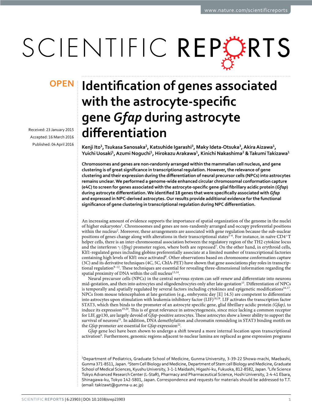 Identification of Genes Associated with the Astrocyte-Specific Gene Gfap