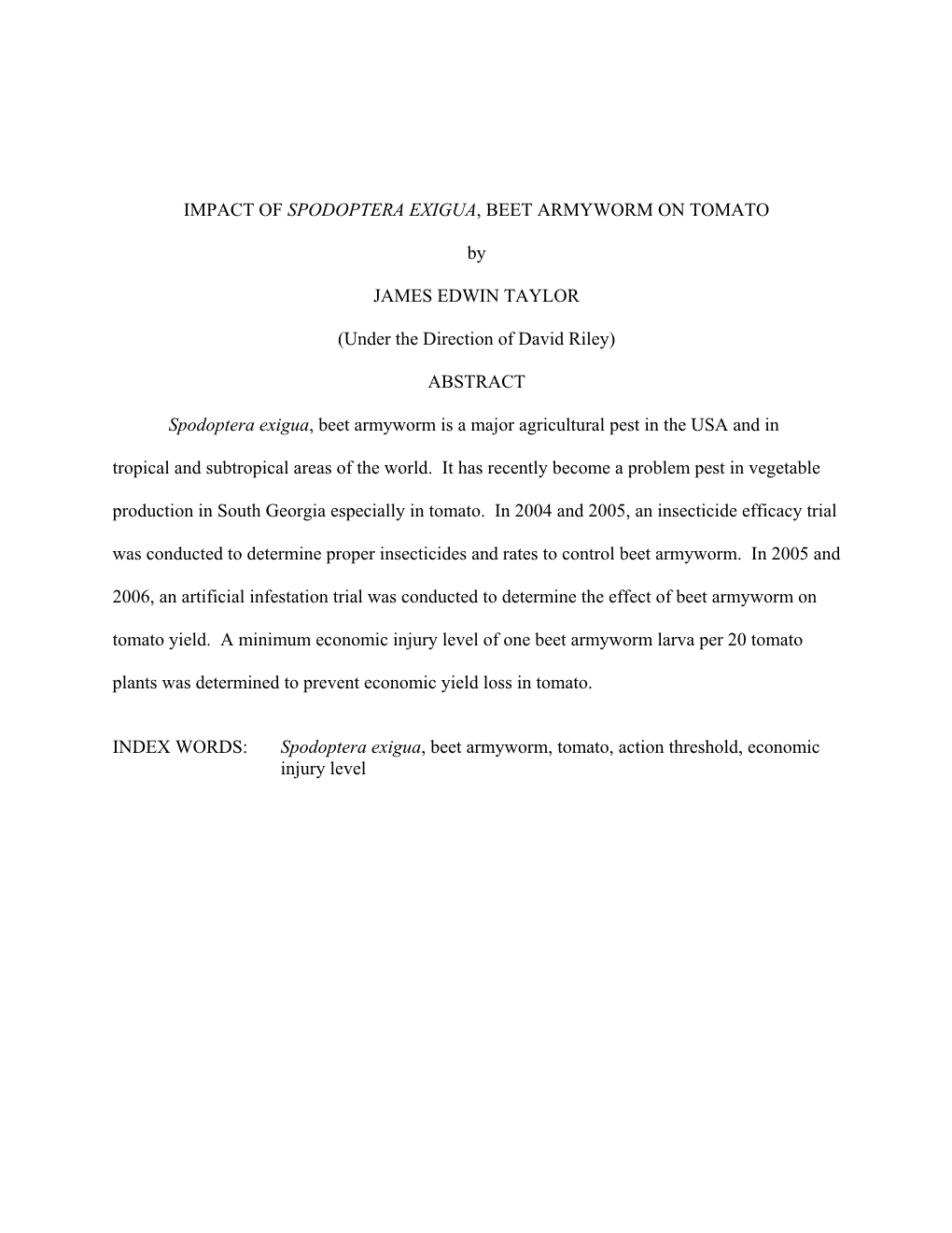 Impact of Spodoptera Exigua, Beet Armyworm on Tomato