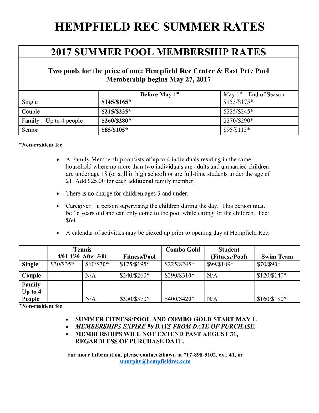 Hempfield Rec Summer Rates