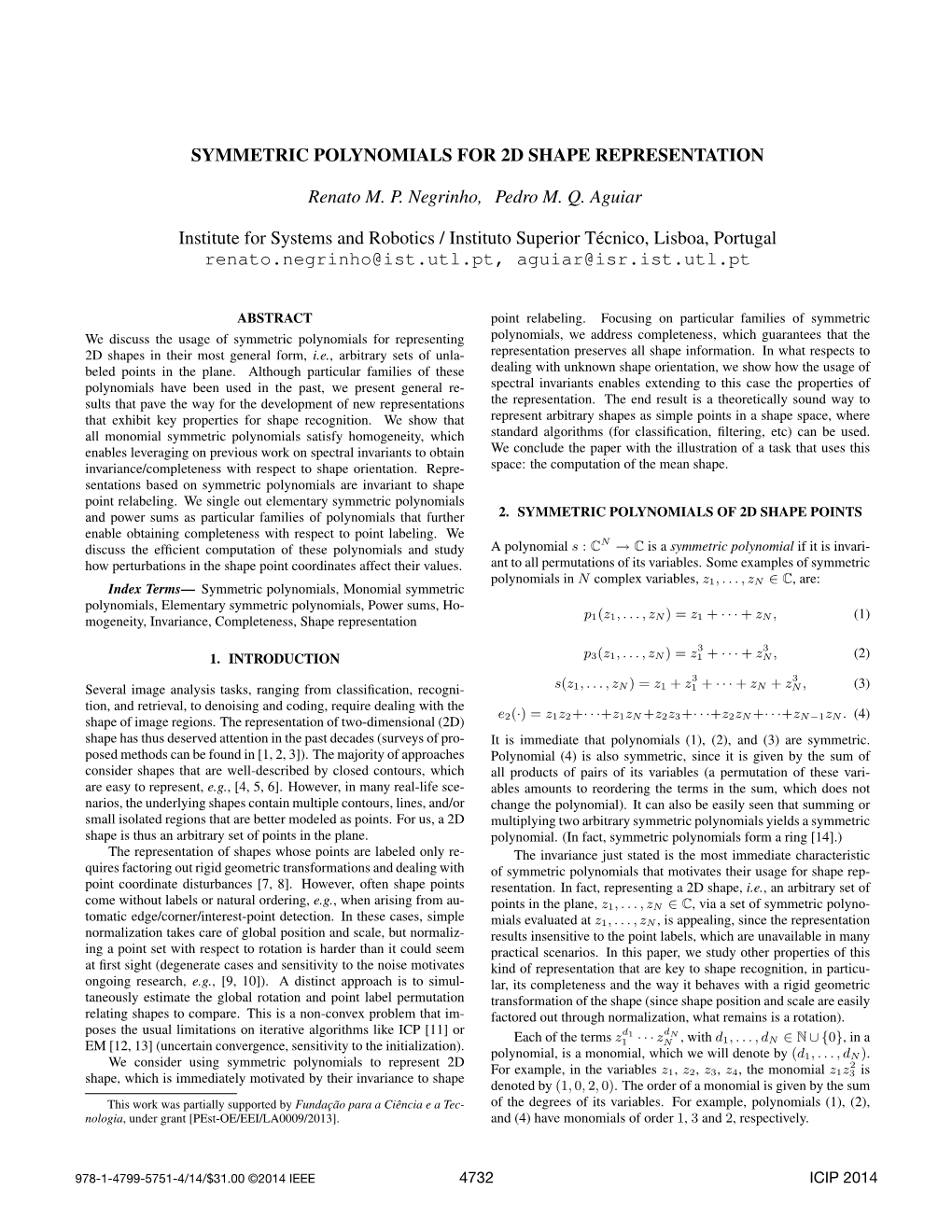 Symmetric Polynomials for 2D Shape Representation