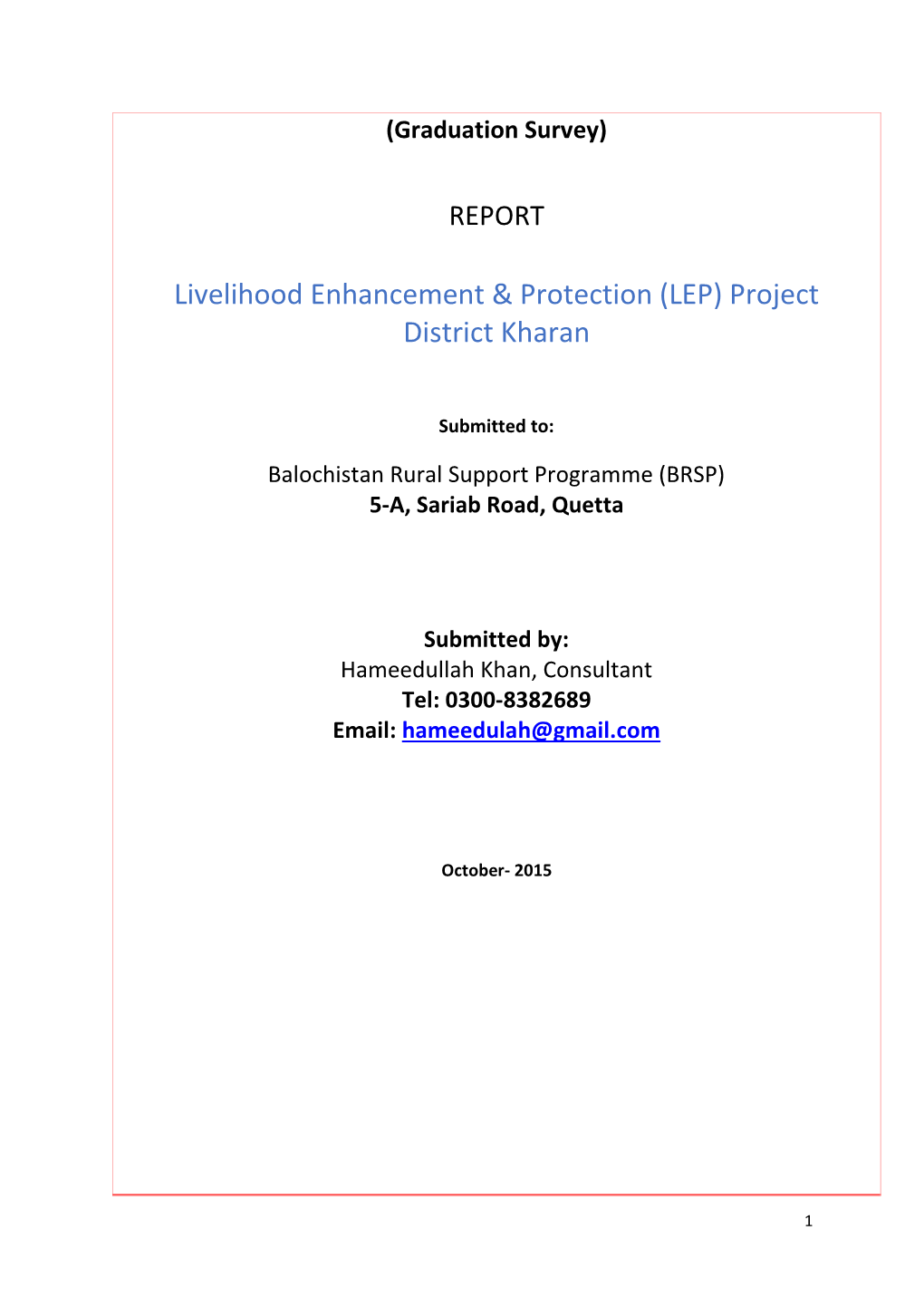 Livelihood Enhancement & Protection (LEP) Project District Kharan