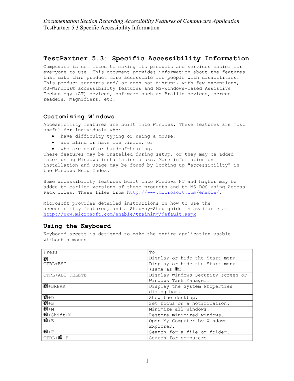 Accessibility Features of Compuware Application Testpartner 5.3 Specific Accessibility Information