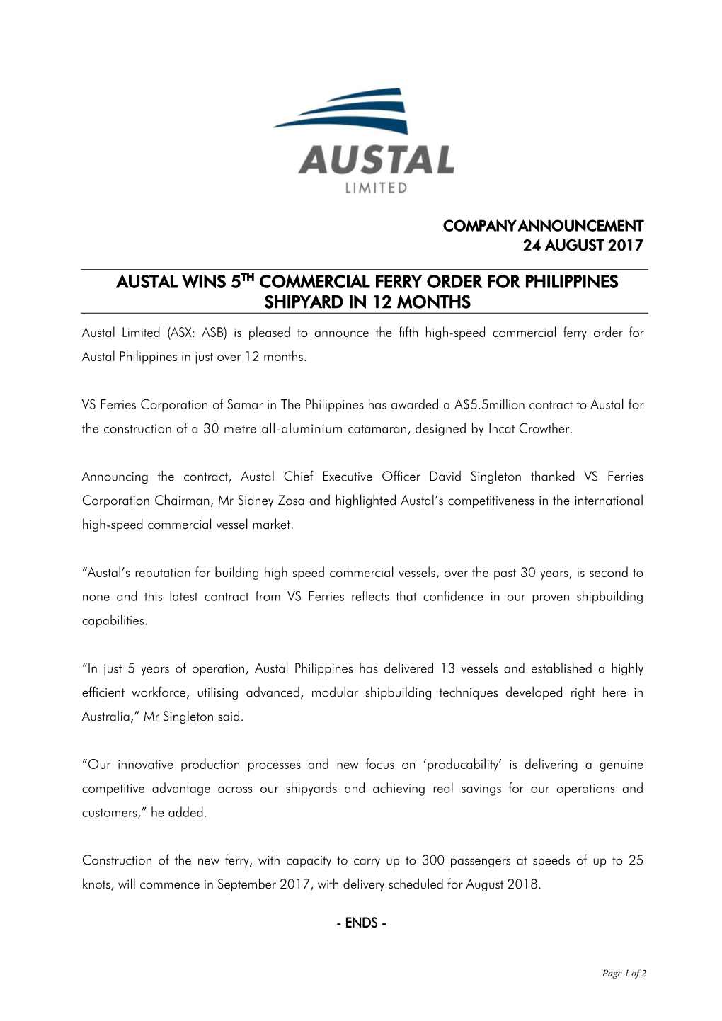 Austal Wins 5Th Commercial Ferry Order for Philippines Shipyard in 12 Months