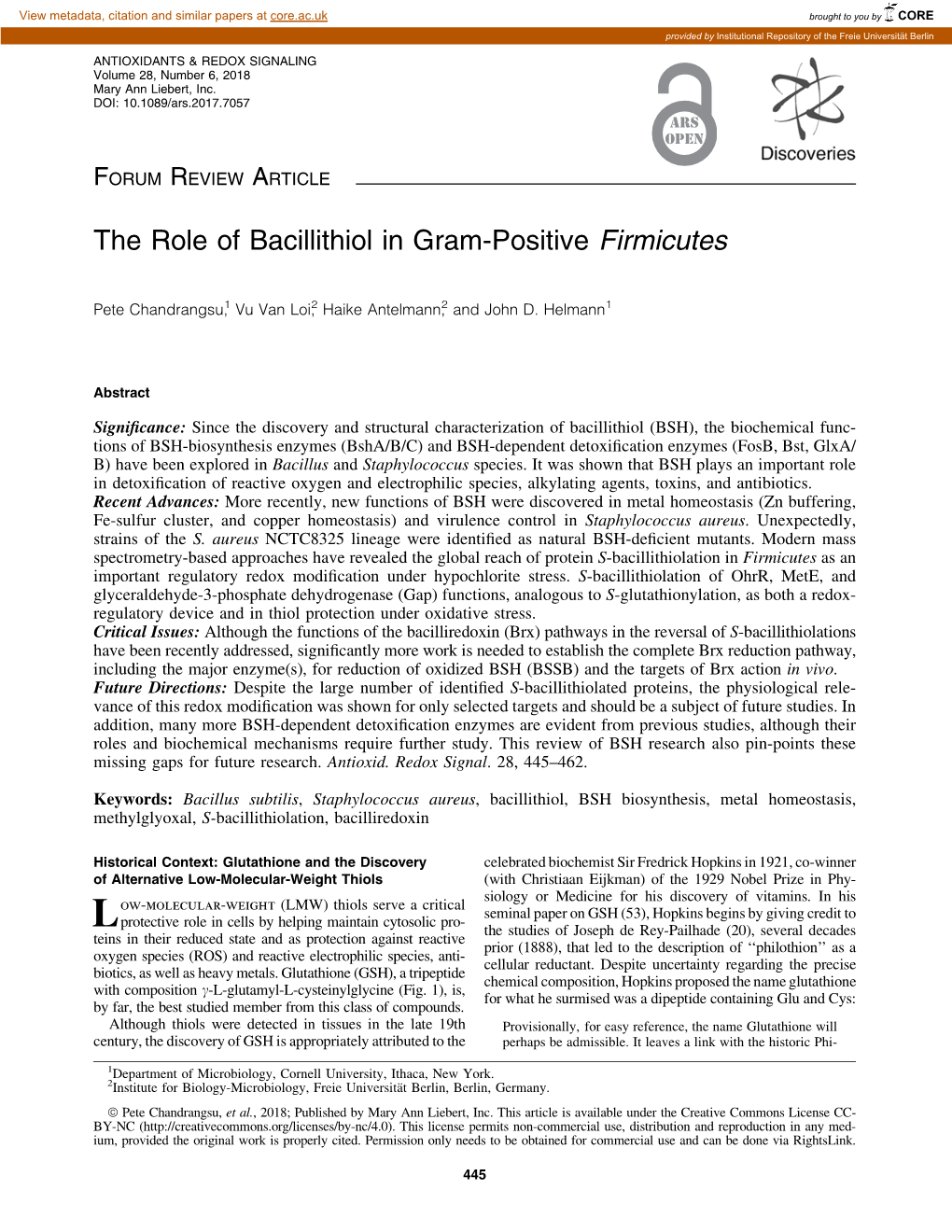 The Role of Bacillithiol in Gram-Positive Firmicutes