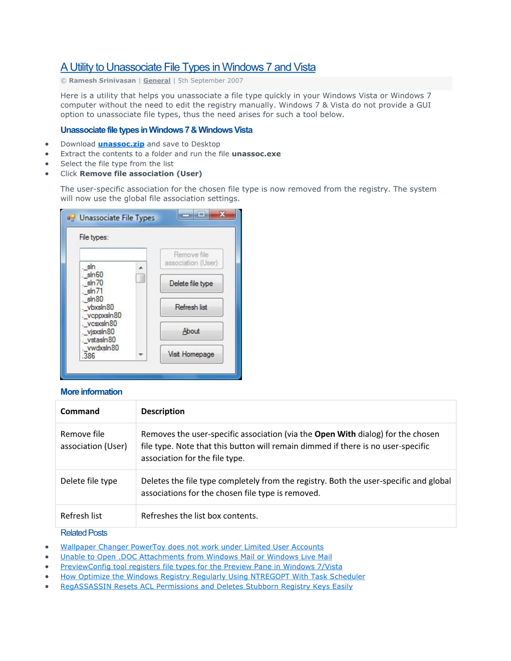 A Utility to Unassociate File Types in Windows 7 and Vista © Ramesh Srinivasan | General | 5Th September 2007