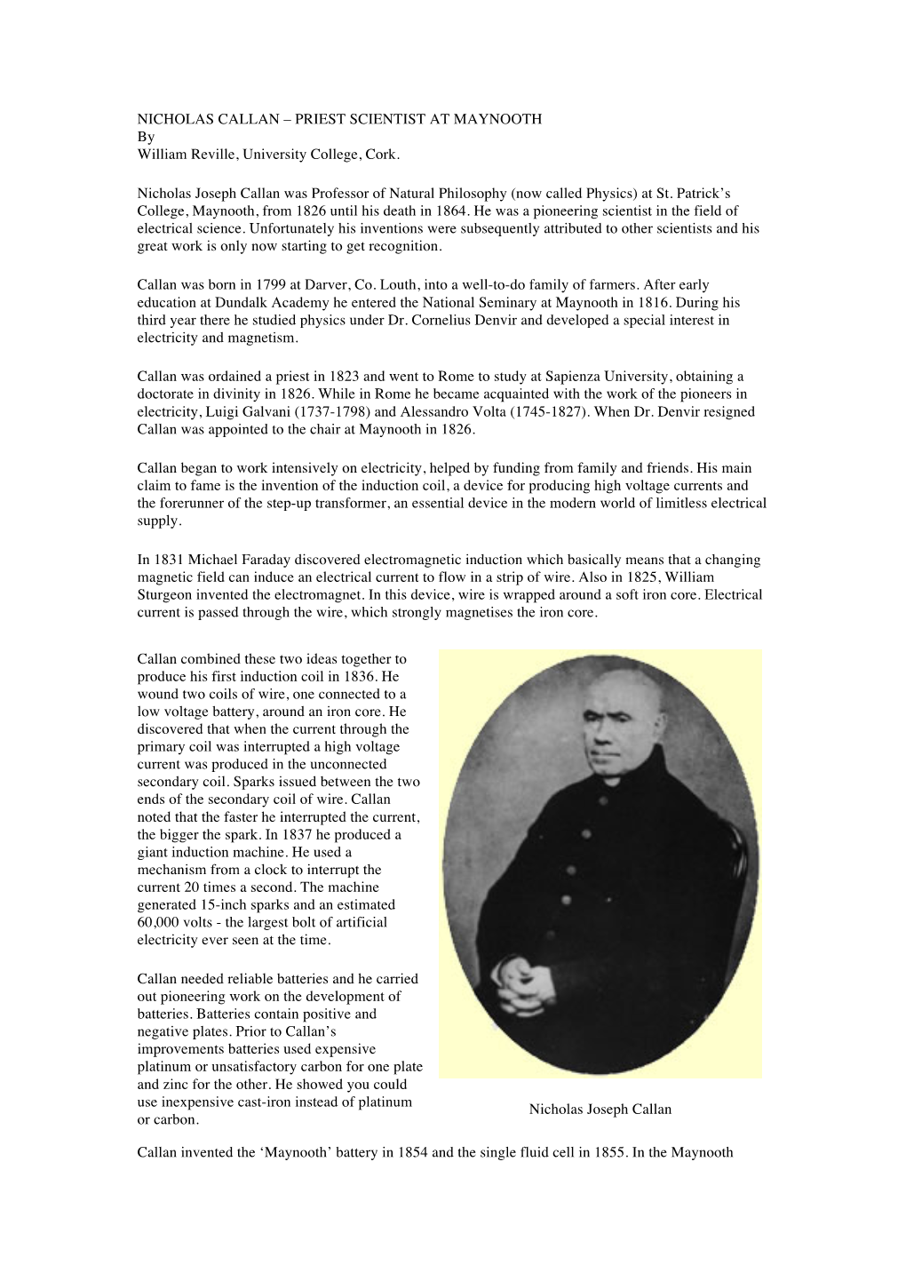 NICHOLAS CALLAN – PRIEST SCIENTIST at MAYNOOTH by William Reville, University College, Cork