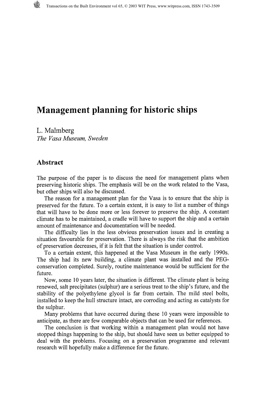 Management Planning for Historic Ships