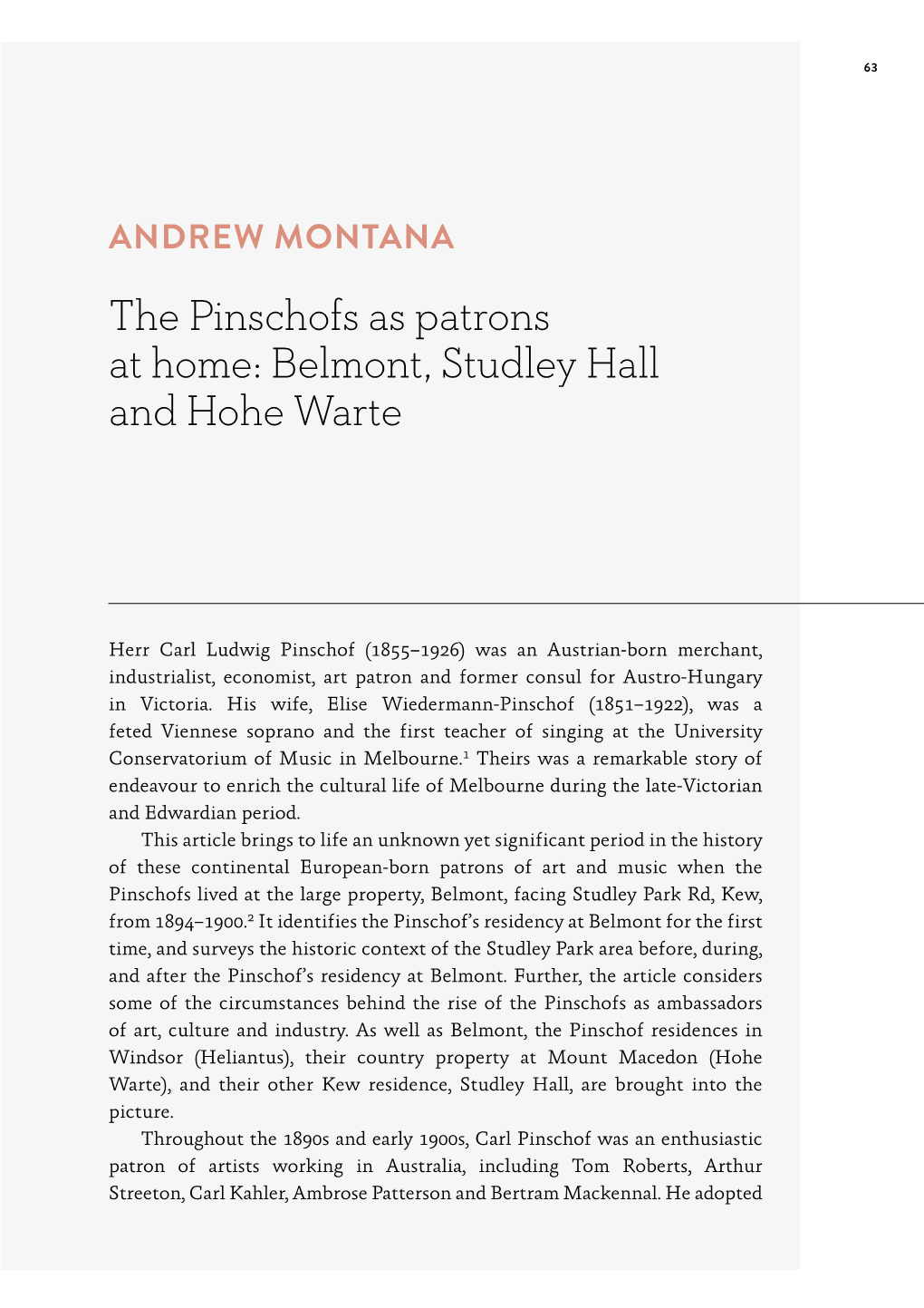 Andrew Montana – the Pinschofs As Patrons at Home: Belmont, Studley