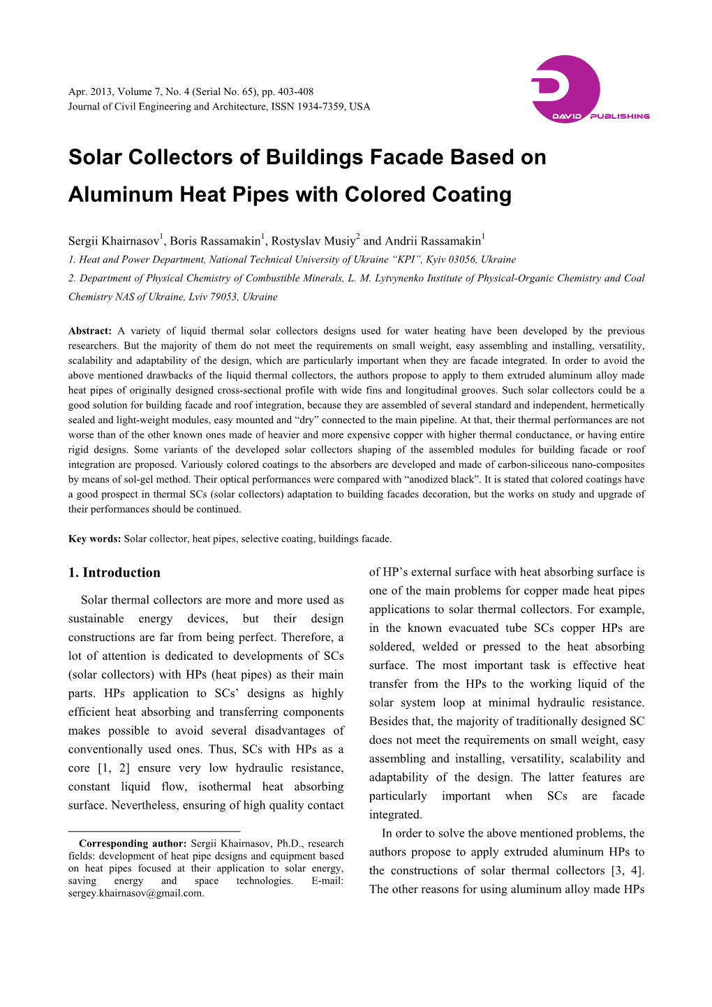 Solar Collectors of Buildings Facade Based on Aluminum Heat Pipes with Colored Coating