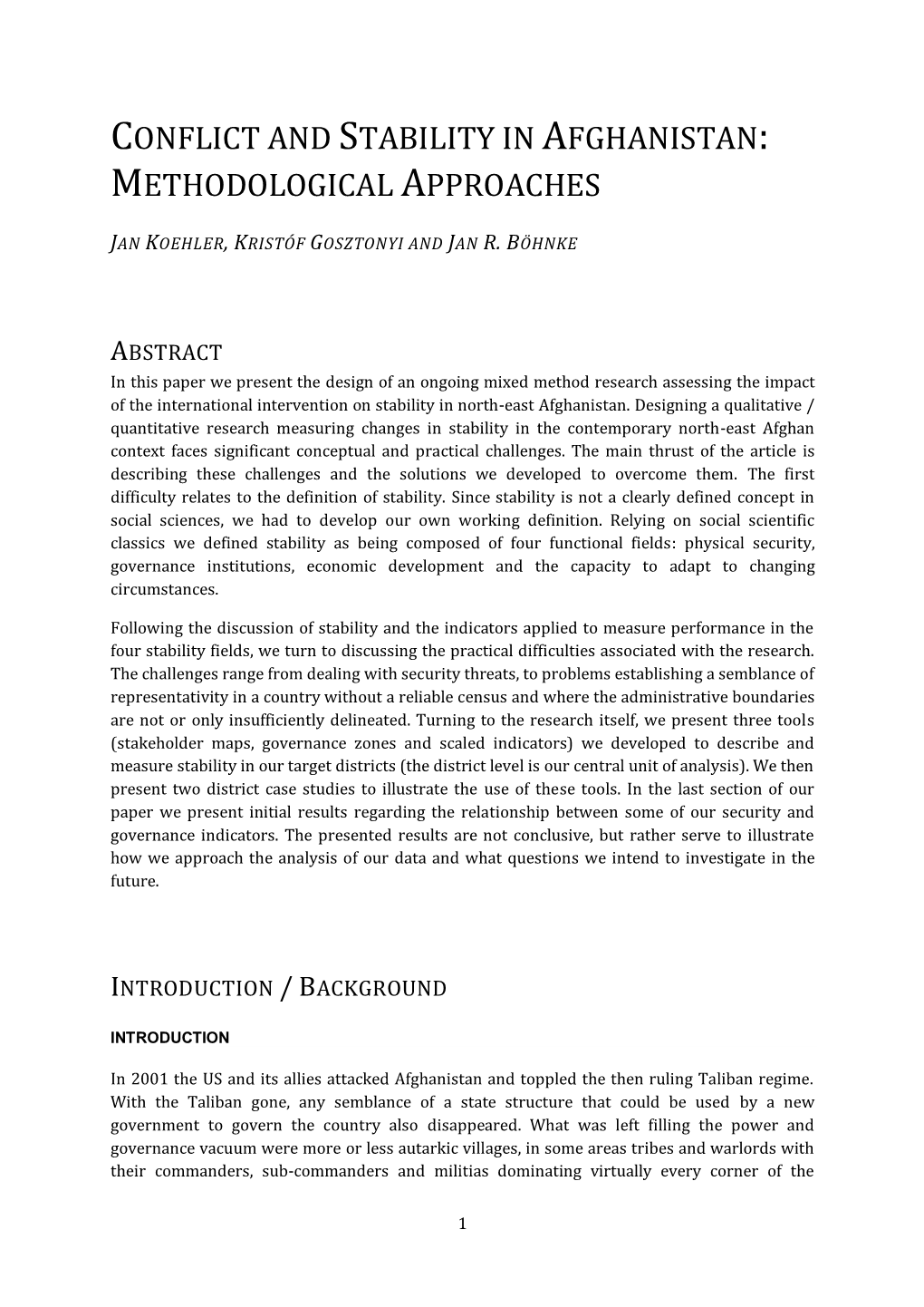 Conflict and Stability in Afghanistan: Methodological Approaches