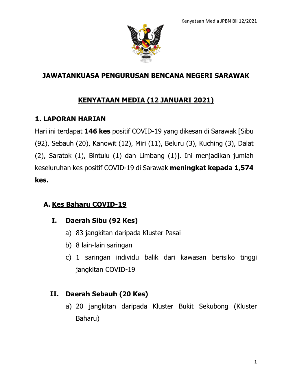 (12 JANUARI 2021) 1. LAPORAN HARIAN Hari Ini Terdapat 146 Kes