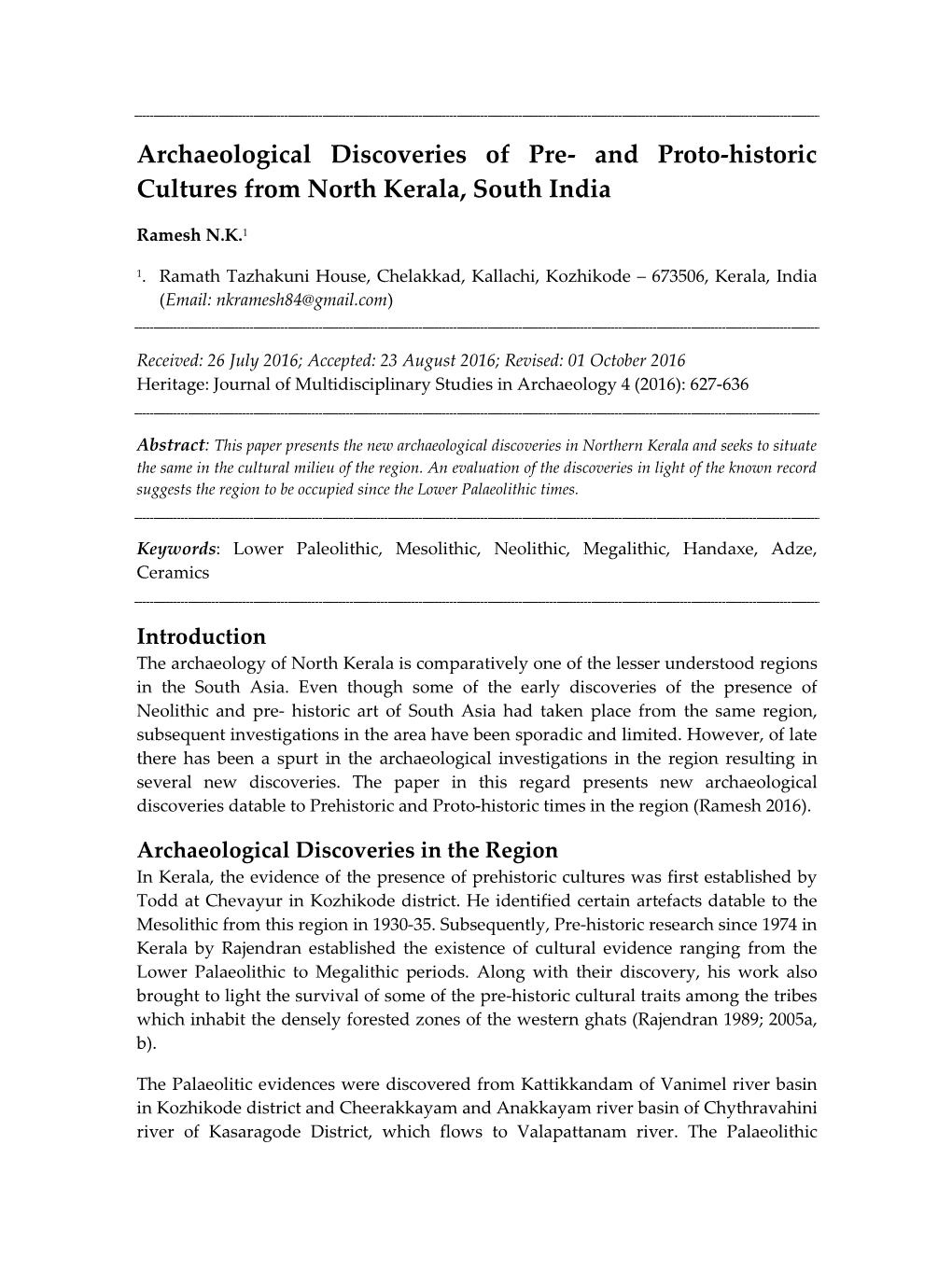 And Proto-Historic Cultures from North Kerala, South India