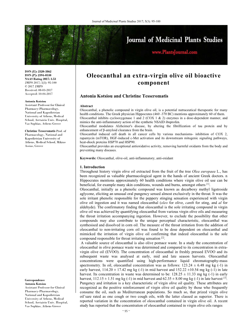 Oleocanthal an Extra-Virgin Olive Oil Bioactive Component