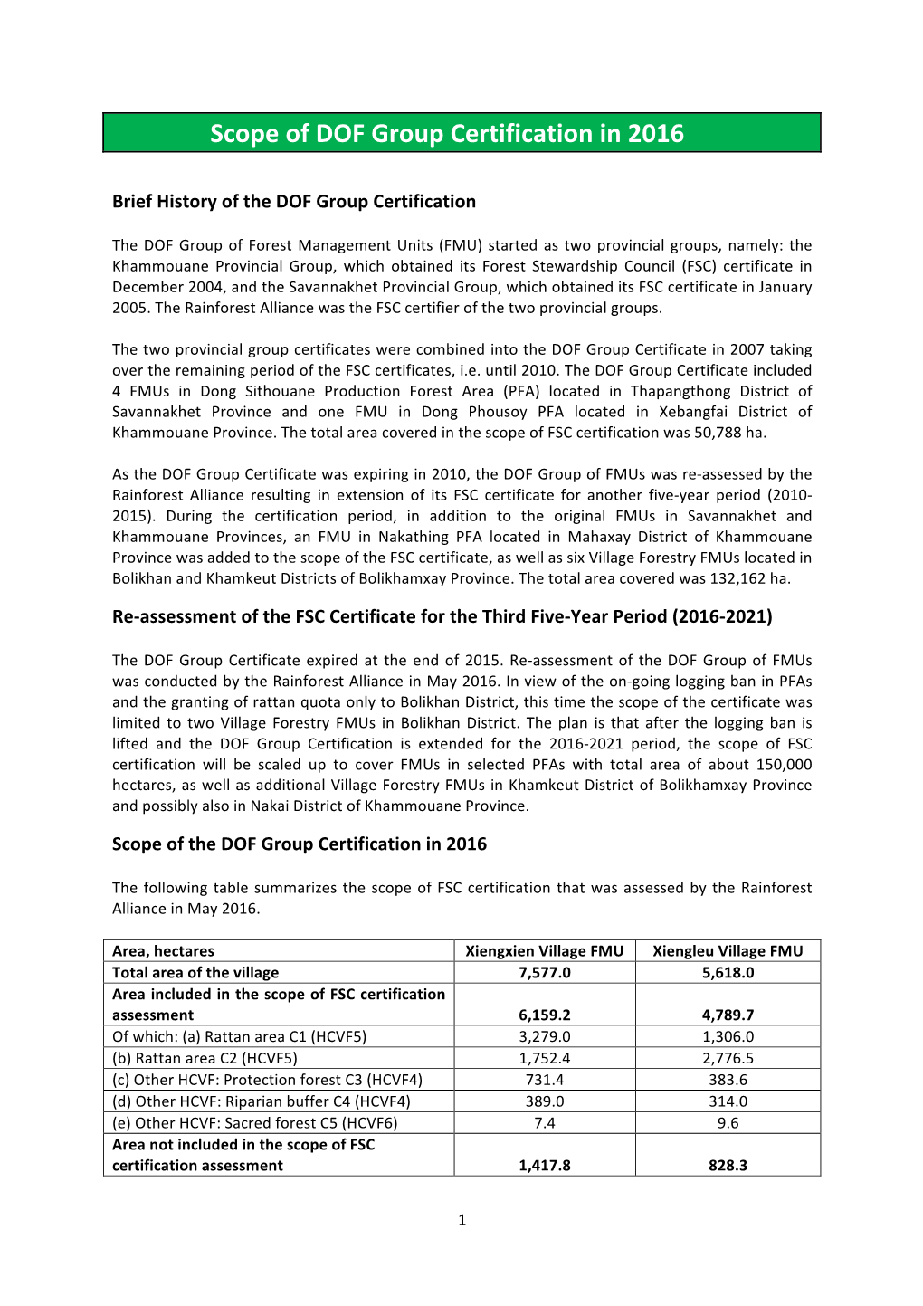 Scope of DOF Group Certification in 2016