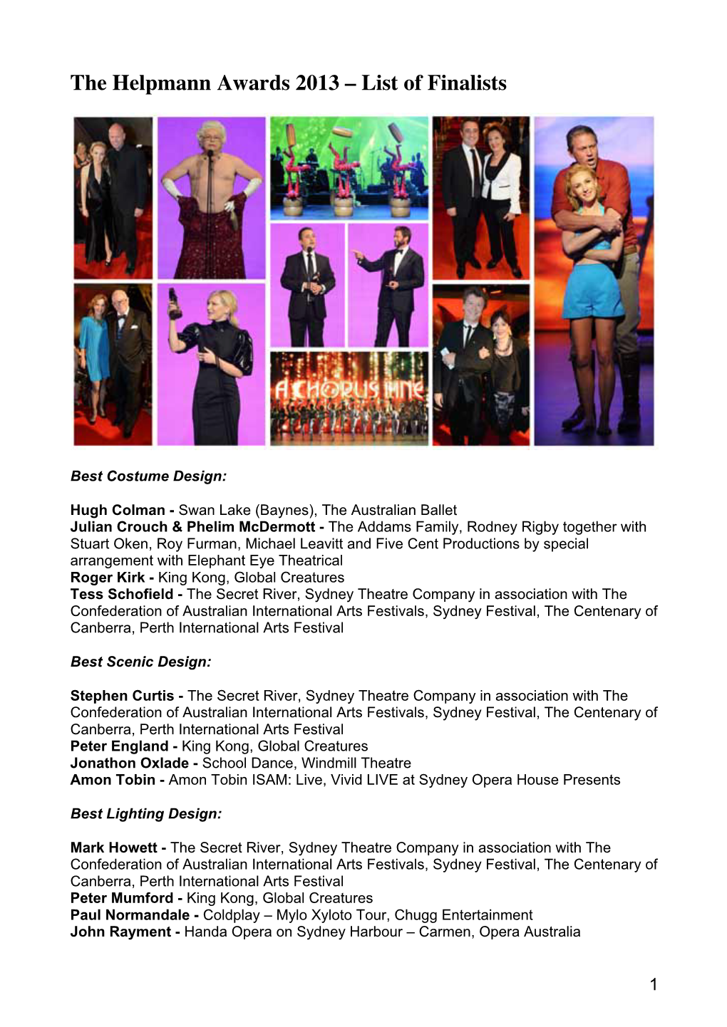 The Helpmann Awards 2013 – List of Finalists