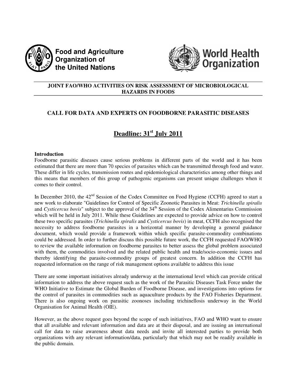 Call for Data and Experts on Foodborne Parasitic Diseases