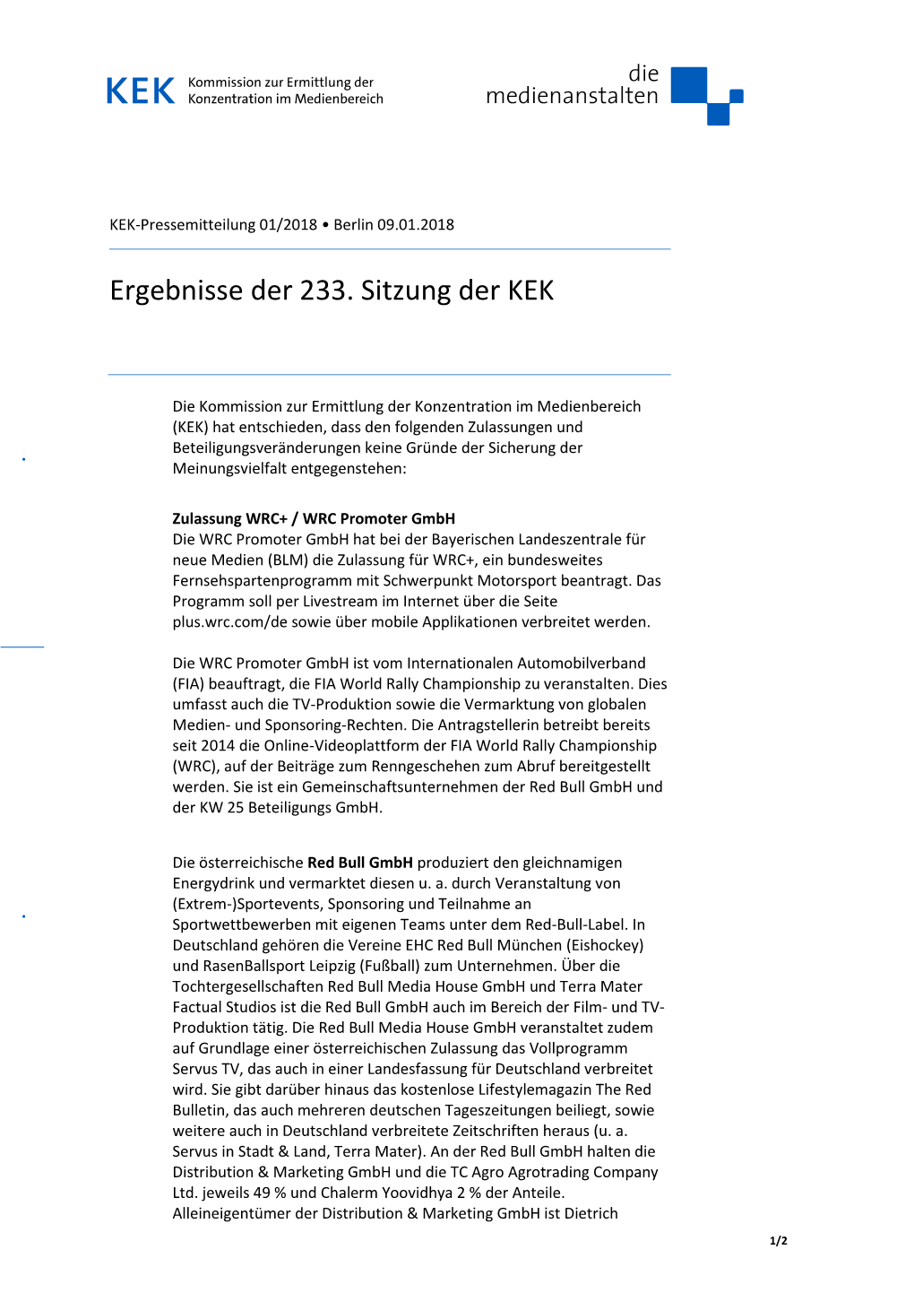 Ergebnisse Der 233. Sitzung Der KEK