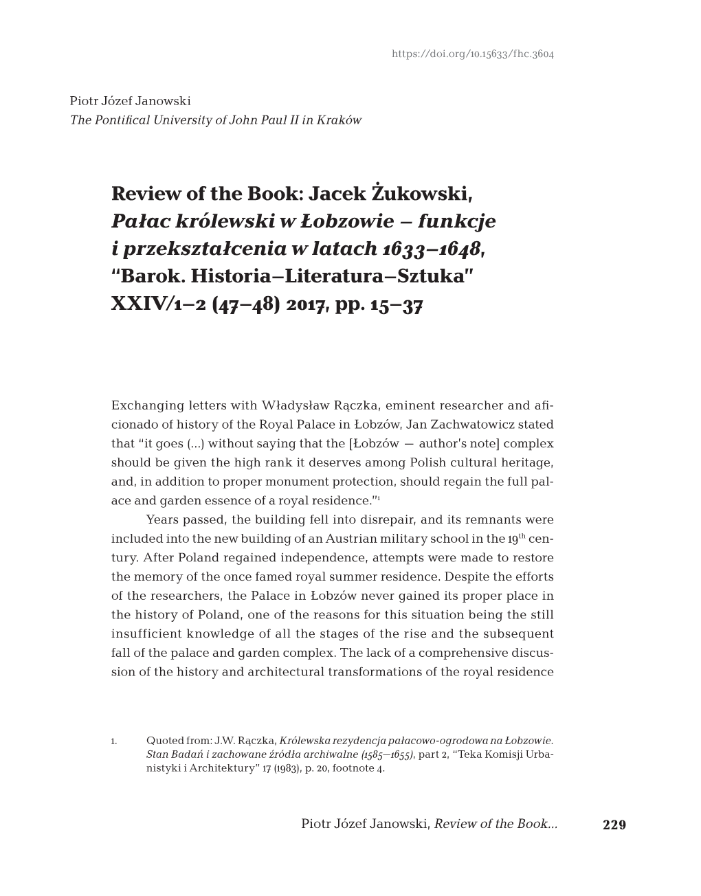 Review of the Book: Jacek Żukowski, Pałac Królewski W Łobzowie – Funkcje I Przekształcenia W Latach 1633–1648, “Barok