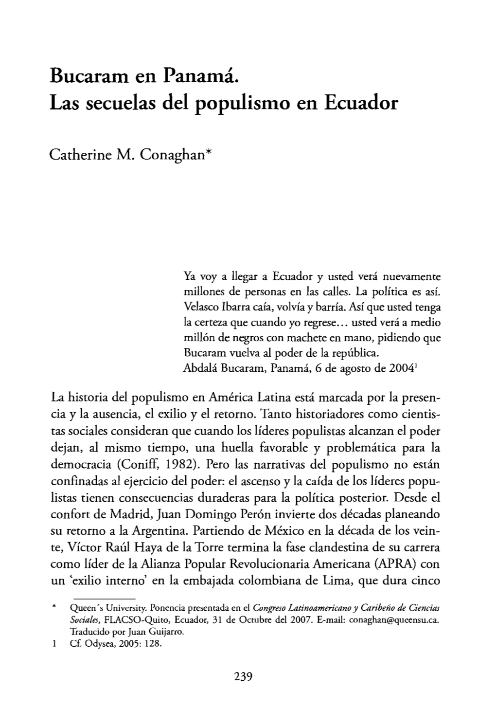 Bucaram En Panamá. Las Secuelas Del Populismo En Ecuador