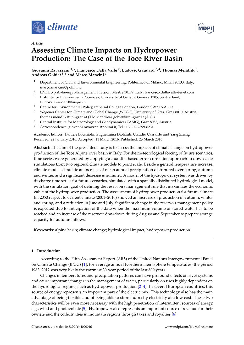 Assessing Climate Impacts on Hydropower Production: the Case of the Toce River Basin