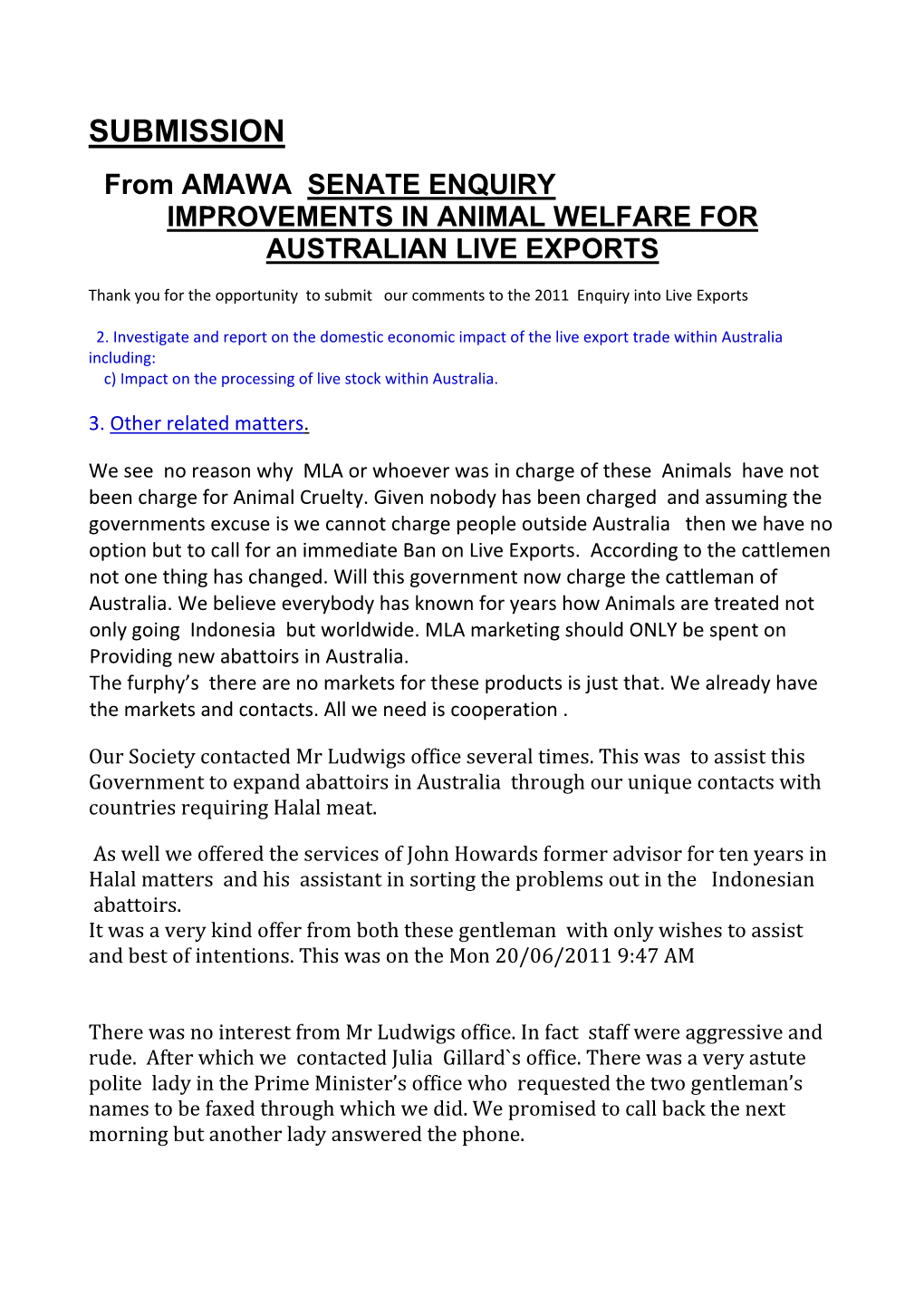 SUBMISSION from AMAWA SENATE ENQUIRY IMPROVEMENTS in ANIMAL WELFARE for AUSTRALIAN LIVE EXPORTS