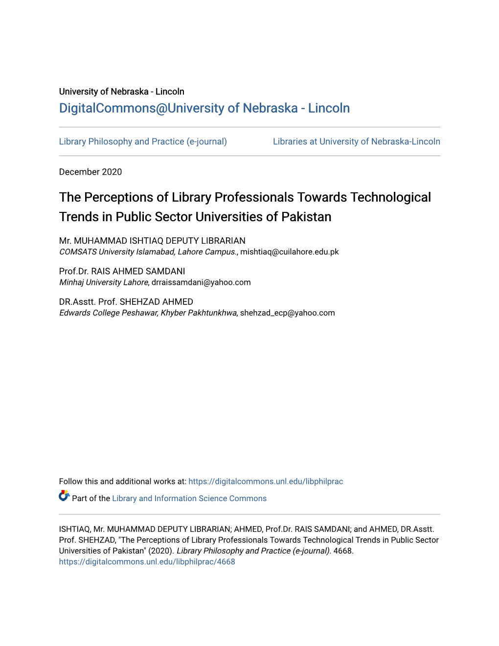 The Perceptions of Library Professionals Towards Technological Trends in Public Sector Universities of Pakistan