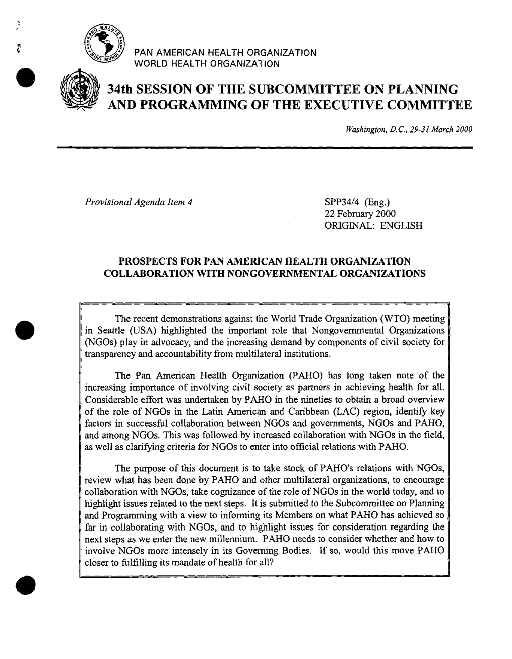 34Th SESSION of the SUBCOMMITTEE on PLANNING and PROGRAMMING of the EXECUTIVE COMMITTEE