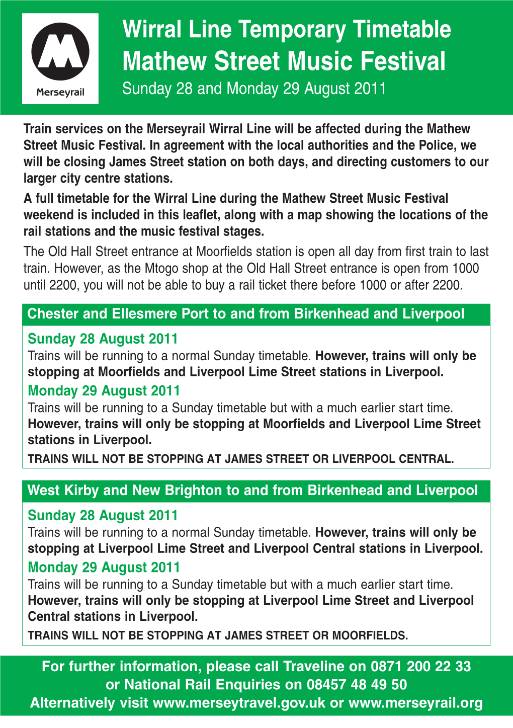 Wirral Line Temporary Timetable Mathew Street Music Festival Sunday 28 and Monday 29 August 2011