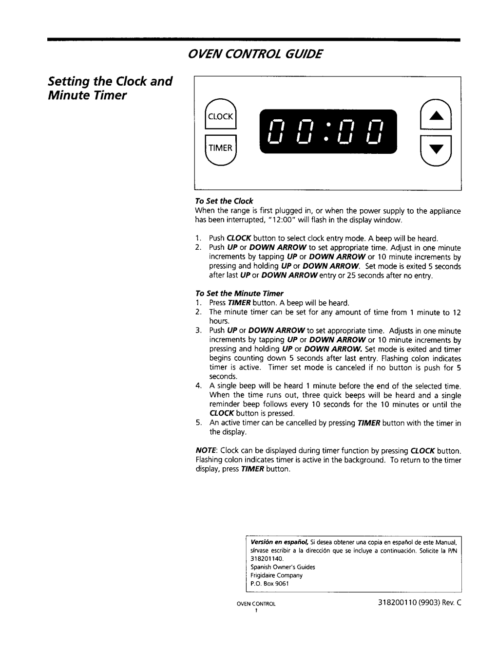 OVEN CONTROL GUIDE Setting the Clock and Minute Timer