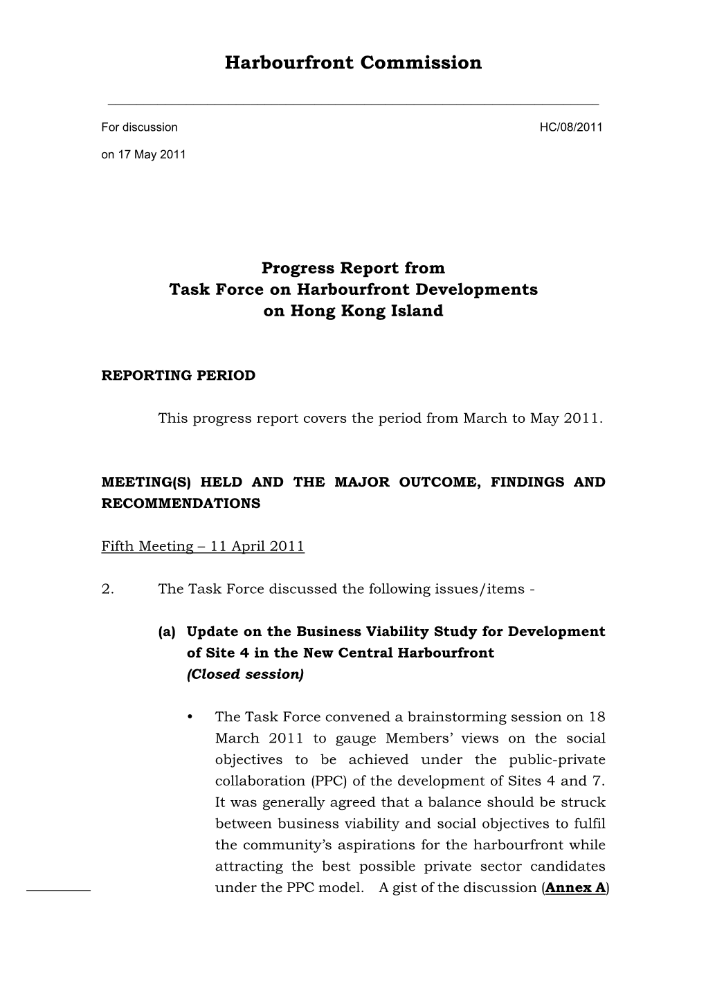 Progress Report from Task Force on Harbourfront Developments on Hong Kong Island