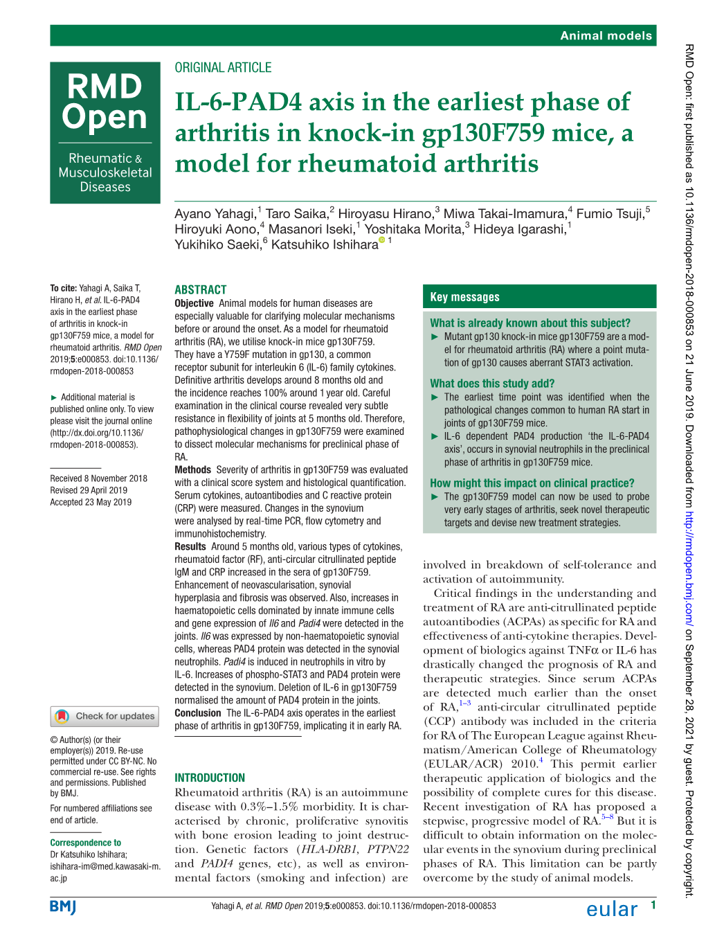 IL-6-PAD4 Axis in the Earliest Phase of Arthritis in Knock-In Gp130f759 Mice, a Model for Rheumatoid Arthritis