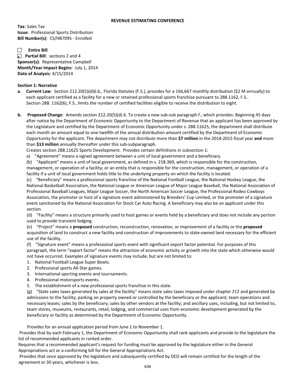 REVENUE ESTIMATING CONFERENCE Tax: Sales Tax Issue: Professional Sports Distribution Bill Number(S): CS/HB7095 ‐ Enrolled