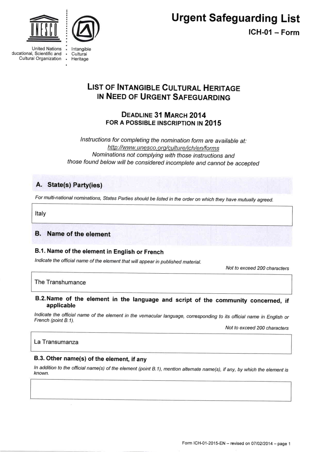Urgent Safeguarding List ICH-01 - Form