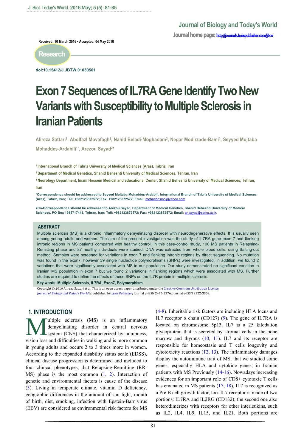 Exon 7 Sequences of IL7RA Gene Identify Two New Variants with Susceptibility to Multiple Sclerosis in Iranian Patients