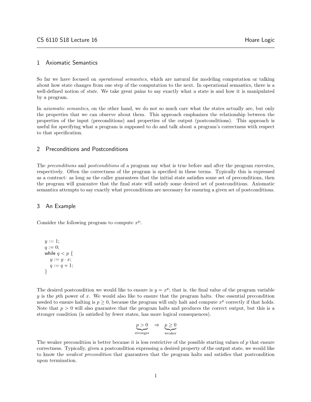 CS 6110 S18 Lecture 16 Hoare Logic 1 Axiomatic Semantics 2 Preconditions and Postconditions 3 an Example