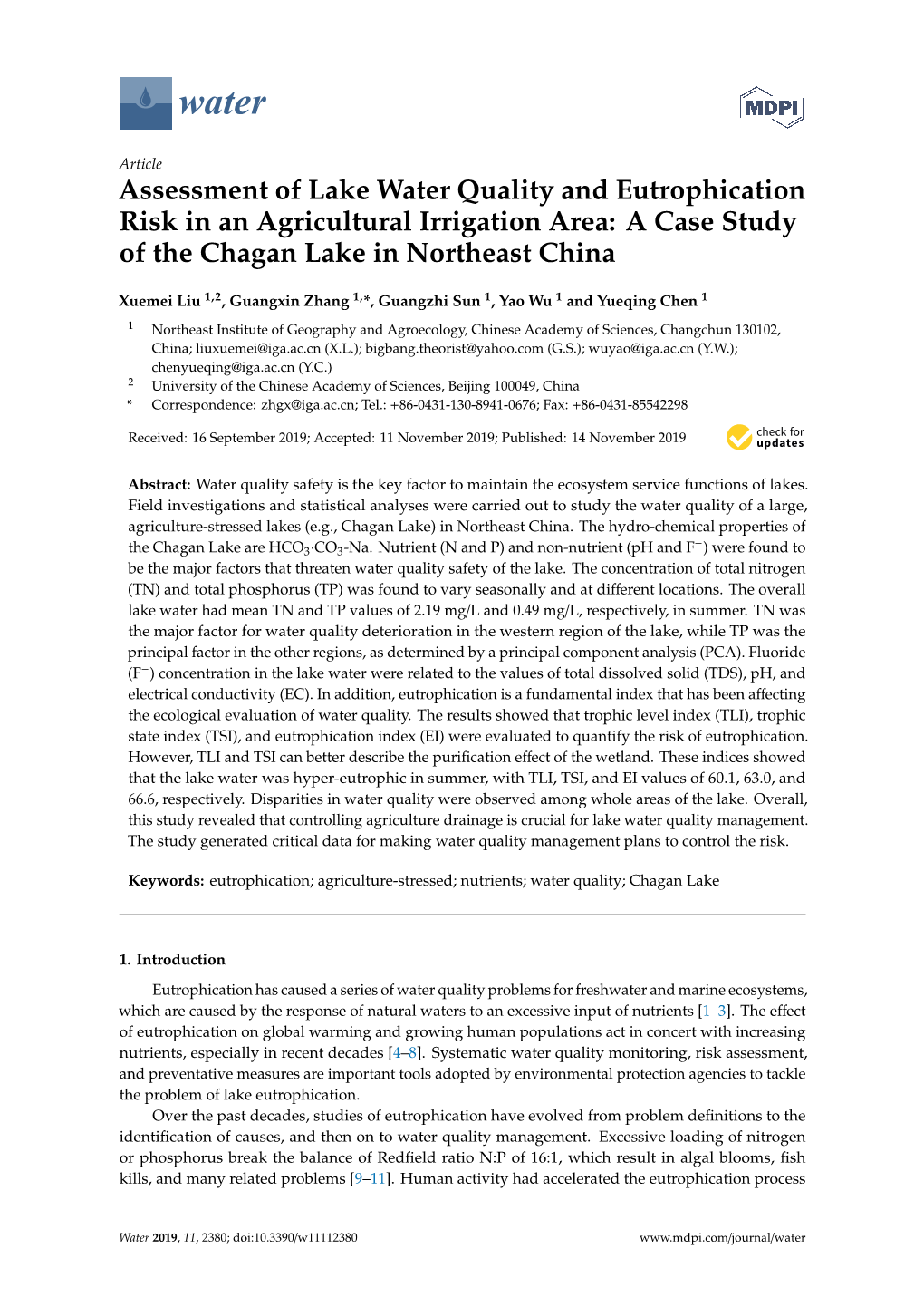 Assessment of Lake Water Quality and Eutrophication Risk in an Agricultural Irrigation Area: a Case Study of the Chagan Lake in Northeast China