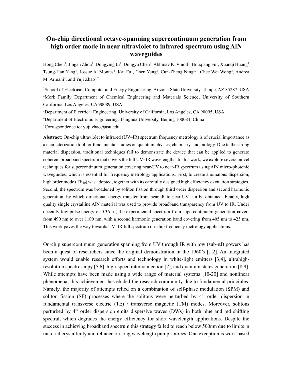 On-Chip Directional Octave-Spanning Supercontinuum Generation from High Order Mode in Near Ultraviolet to Infrared Spectrum Usin