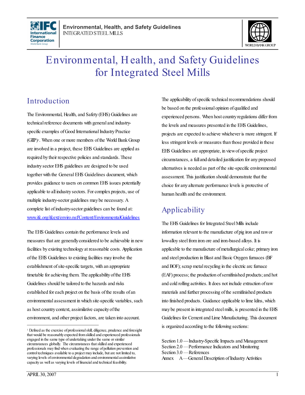 Environmental, Health, and Safety Guidelines for Integrated Steel Mills