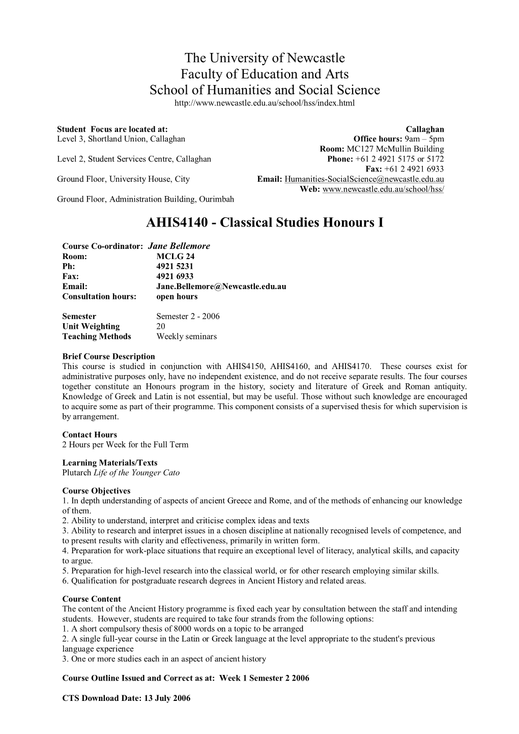 Course Outline, Semester 2, 2006