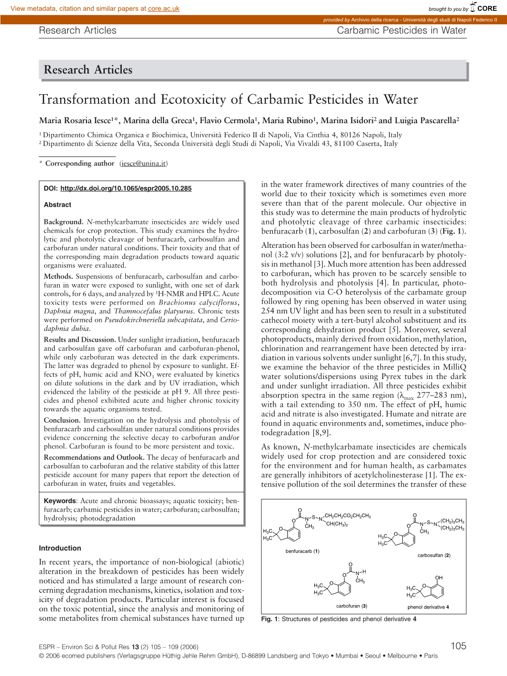 Transformation and Ecotoxicity of Carbamic Pesticides in Water