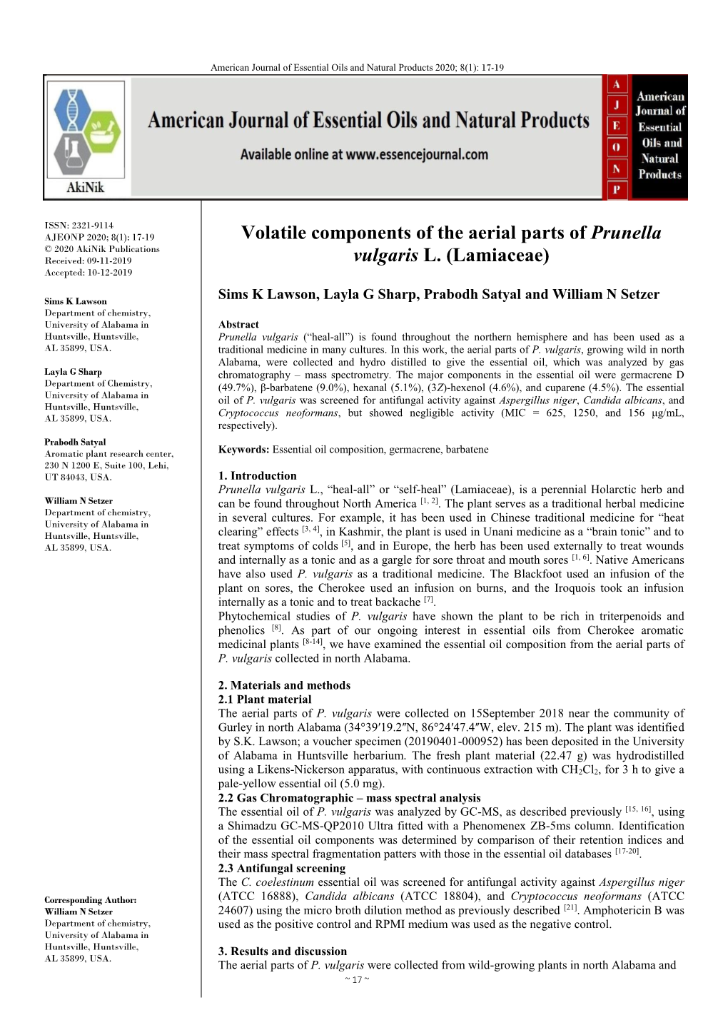 Volatile Components of the Aerial Parts of Prunella Vulgaris L. (Lamiaceae)