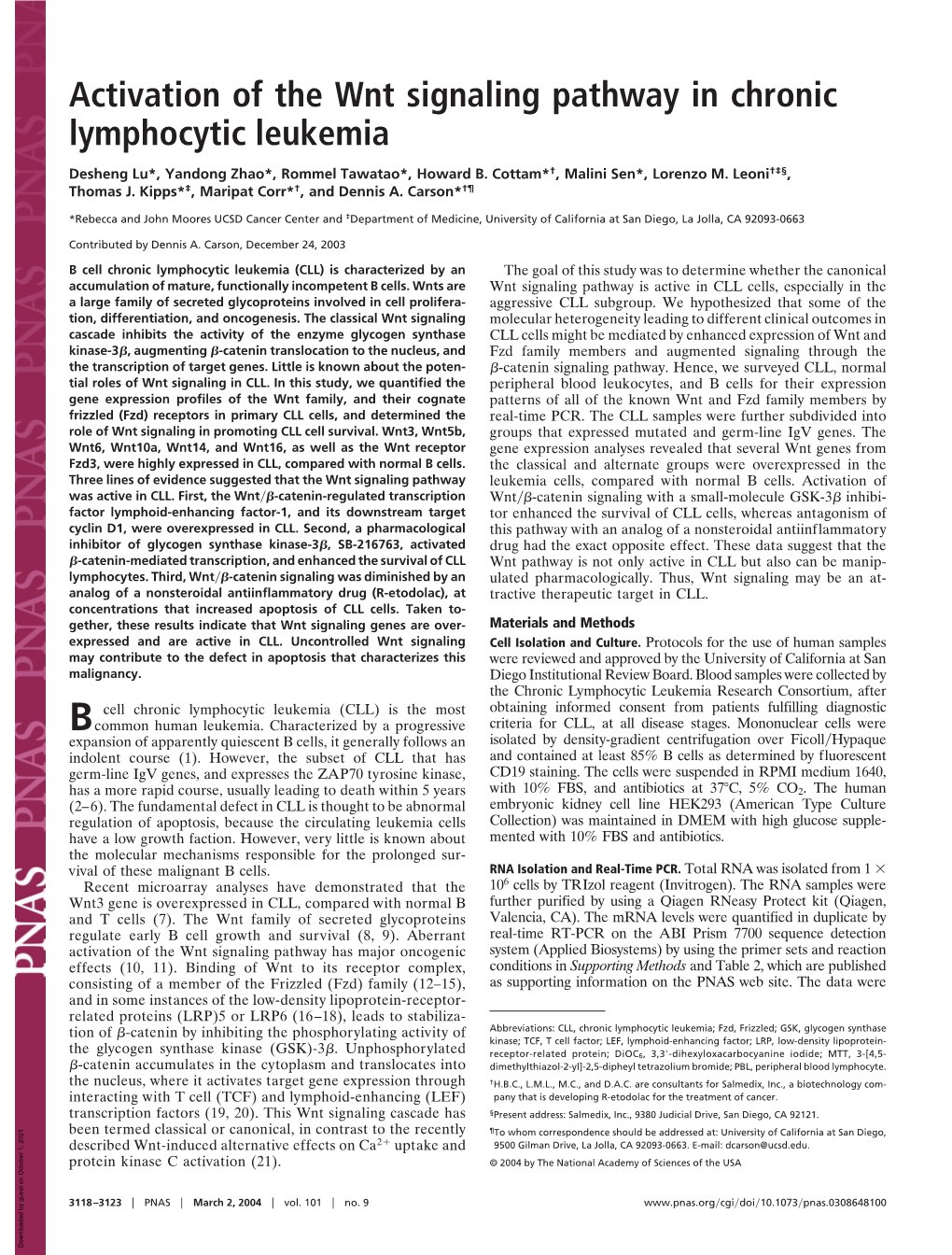 Activation of the Wnt Signaling Pathway in Chronic Lymphocytic Leukemia