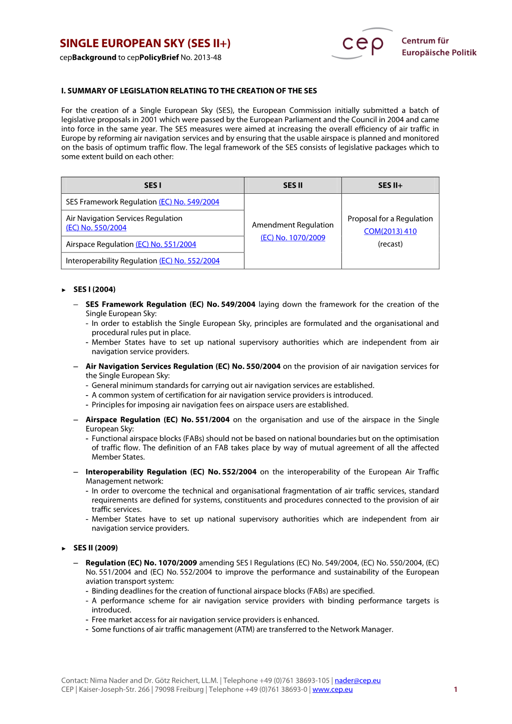 SINGLE EUROPEAN SKY (SES II+) Cepbackground to Ceppolicybrief No