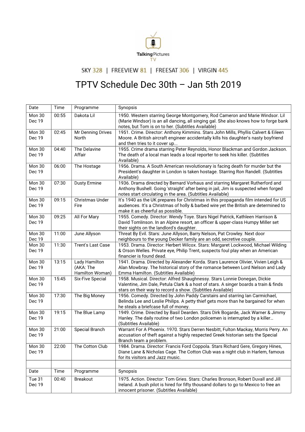 TPTV Schedule Dec 30Th – Jan 5Th 2019