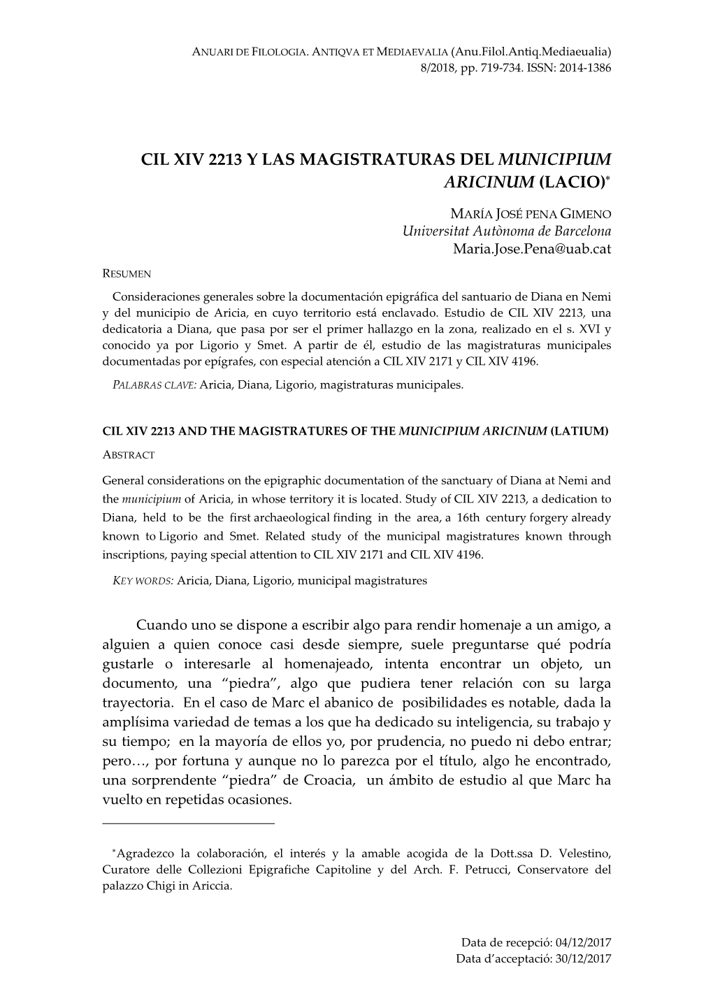 Cil Xiv 2213 Y Las Magistraturas Del Municipium Aricinum (Lacio)