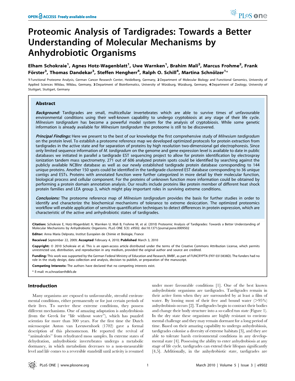 Proteomic Analysis of Tardigrades: Towards a Better Understanding of Molecular Mechanisms by Anhydrobiotic Organisms