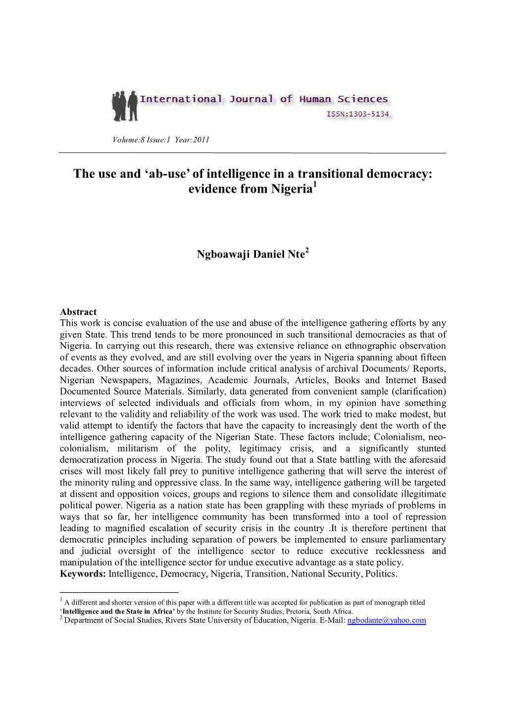 'Ab-Use' of Intelligence in a Transitional Democracy: Evidence from Nigeria