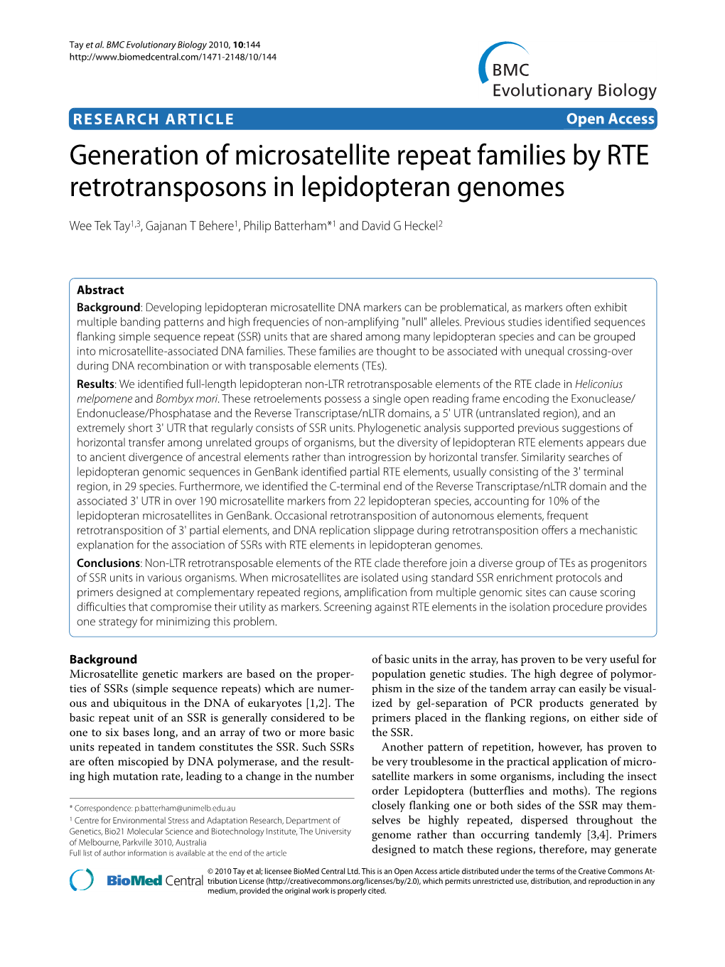 Generation of Microsatellite Repeat Families by RTE Retrotransposons in Lepidopteran Genomes BMC Evolutionary Biology 2010, 10:144