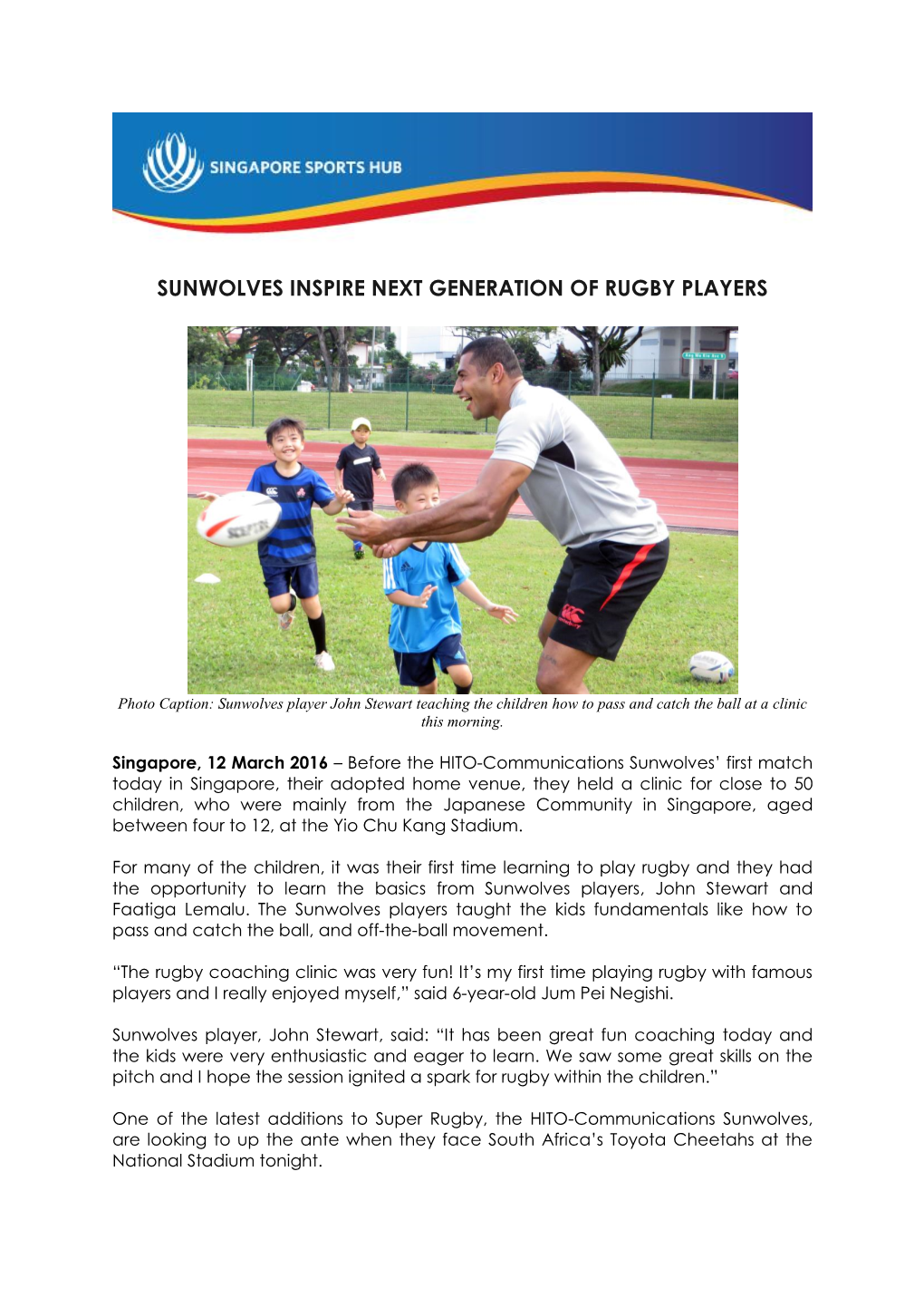 Sunwolves Inspire Next Generation of Rugby Players